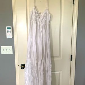 White maxi dress. Floor length striped and lace